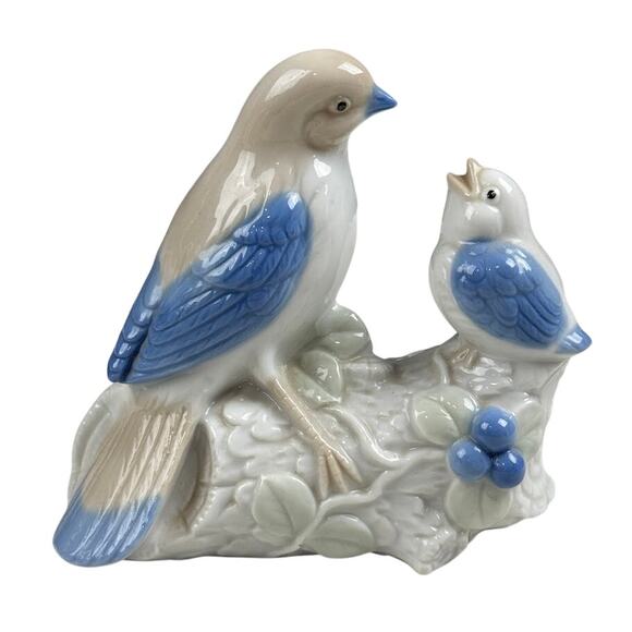 Vintage Japan Porcelain Bluebird Figurine – Mother and Baby Bird on Branch - Picture 1 of 5